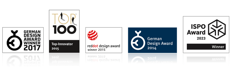 Auszeichnungen für ein Unternehmen: German Design Award 2014 und 2017, Top-Innovator 2015, Red Dot Design Award 2015, ISPO Award 2023