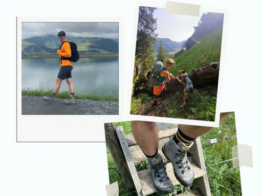 Person beim Wandern am Seeweg, Paar mit Hund in der Natur, Nahaufnahme von Wanderschuhen auf einer Holztreppe